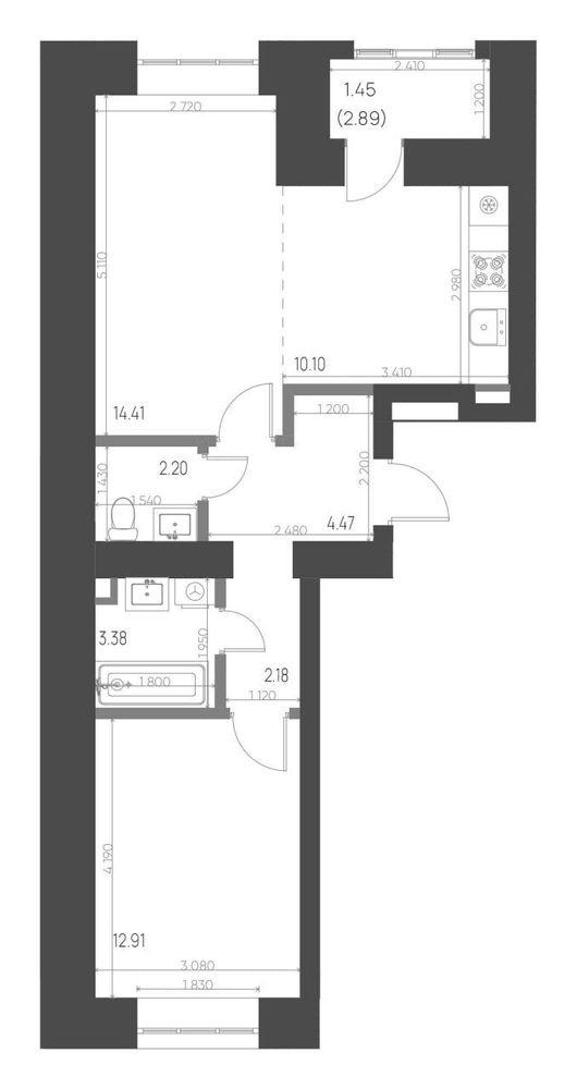 2-комнатная 51 м2 в ЖК Калина корпус null этаж 2