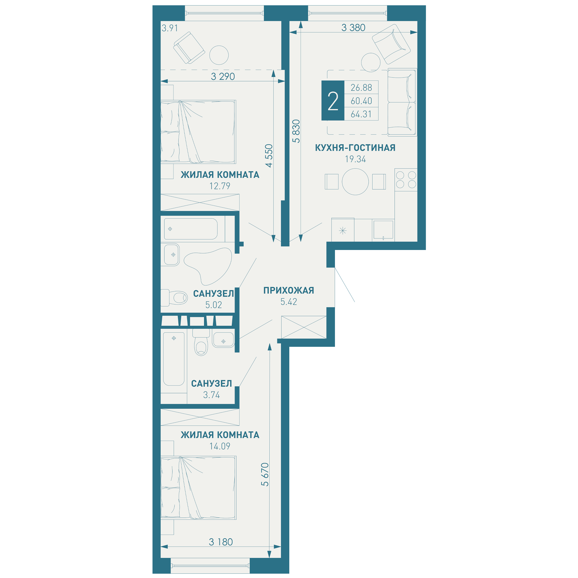 2-комнатная 66 м2 в ЖК ИНАЧЕ в Молодежном корпус null этаж 5