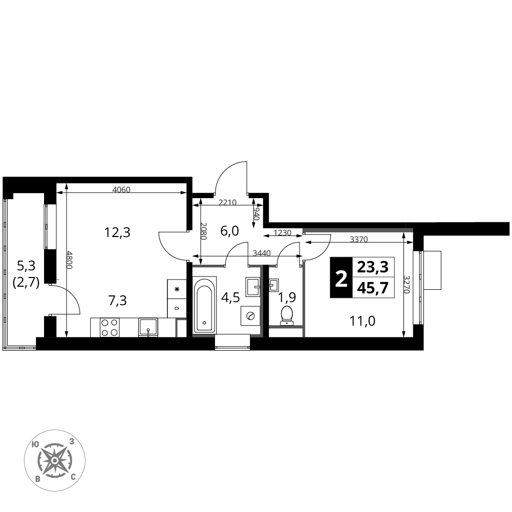 2-комнатная 45 м2 в ЖК 1-й Шереметьевский корпус null этаж 9