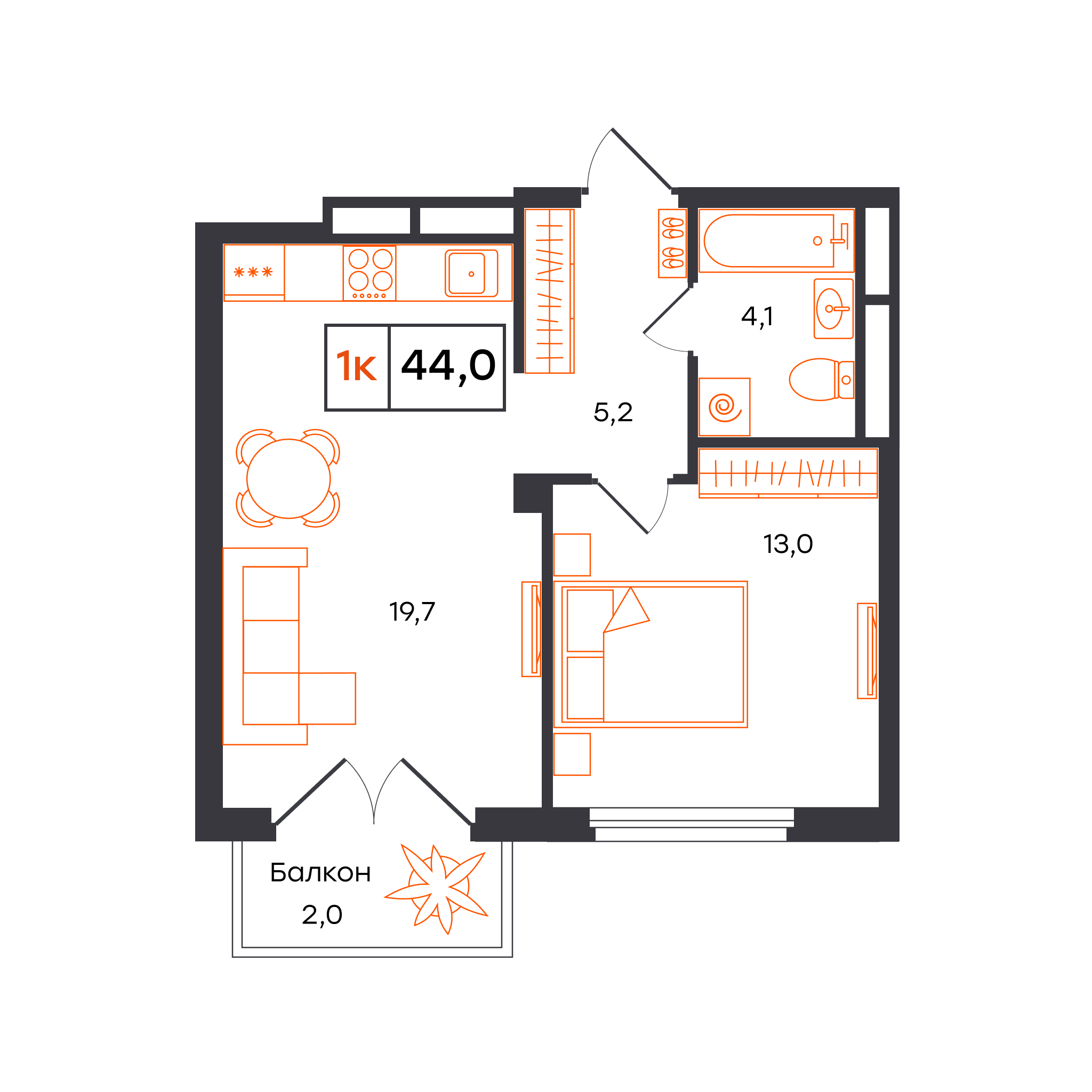 1-комнатная 44 м2 в ЖК Отличие корпус null этаж 4