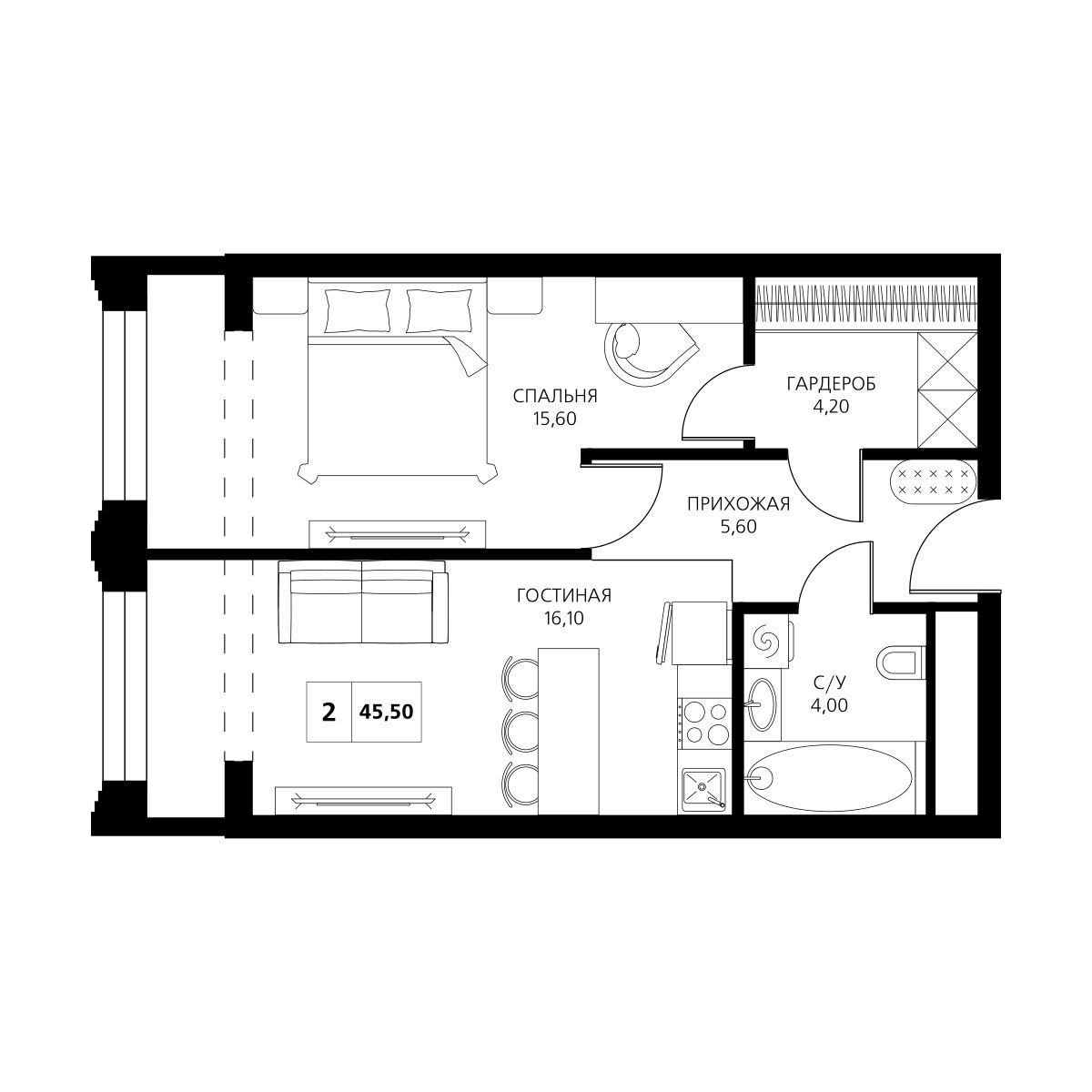 2-комнатная 45 м2 в ЖК Аксис Центр корпус null этаж 3