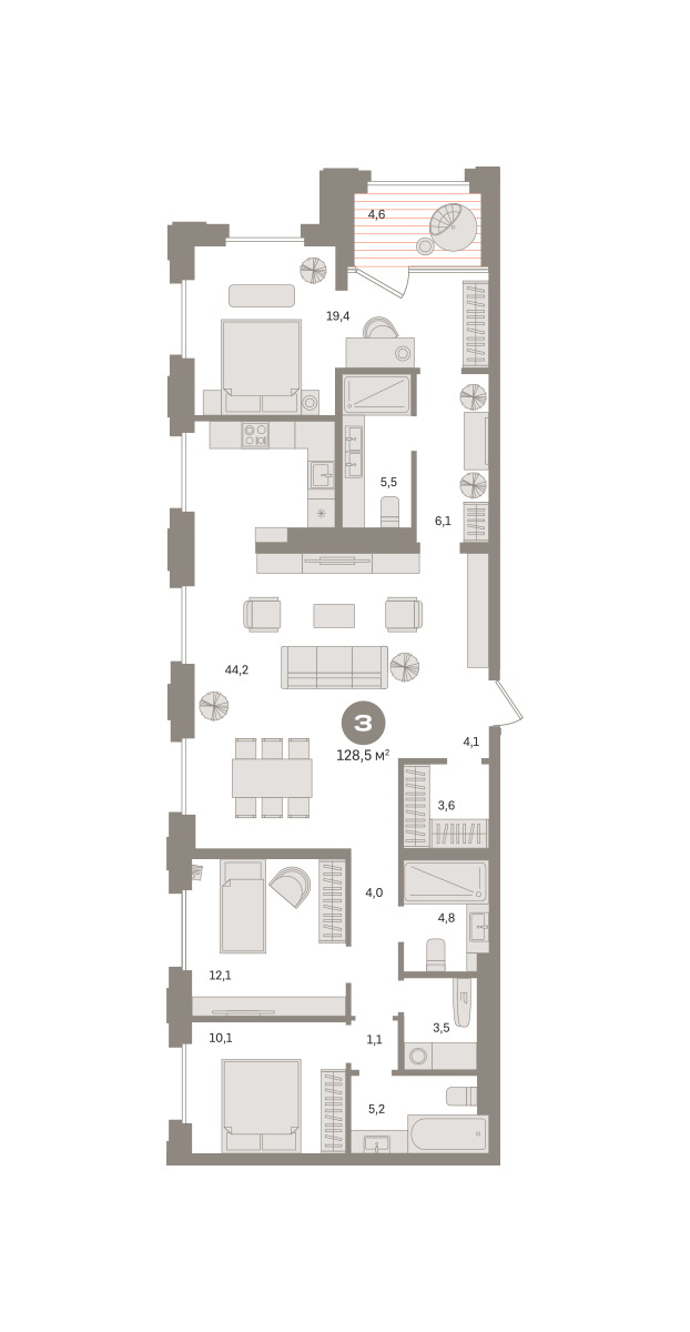 3-комнатная 128 м2 в ЖК Квартал МОНС корпус null этаж 14