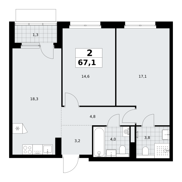 2-комнатная 67 м2 в ЖК Деснаречье корпус null этаж 14