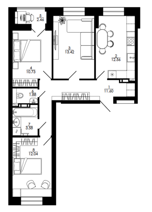 3-комнатная 71.3 м2 в ЖК undefined корпус null этаж 15