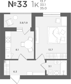 1-комнатная 33 м2 в ЖК МС18 корпус null этаж 6