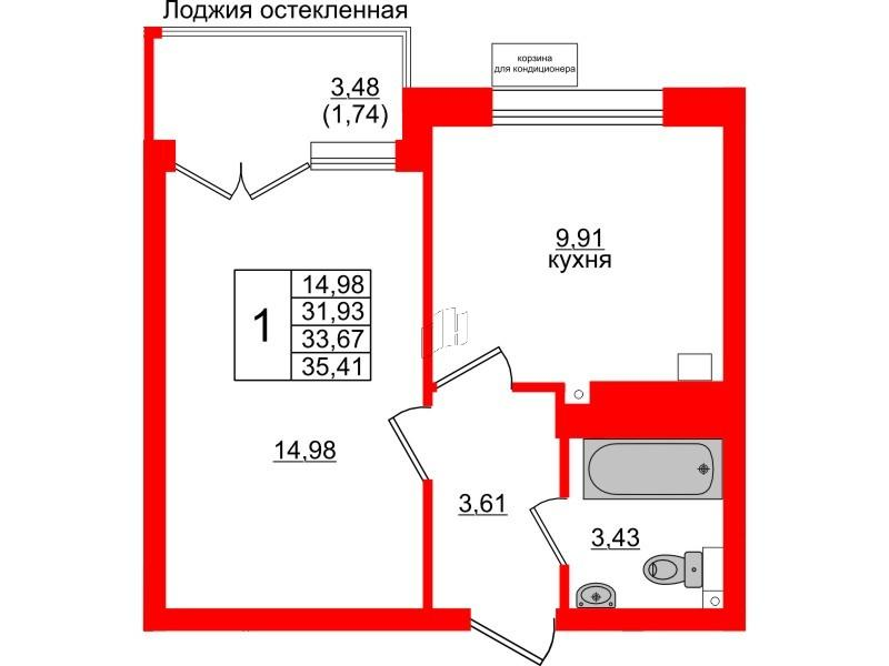 1-комнатная 33 м2 в ЖК Lake City-11 корпус null этаж 1
