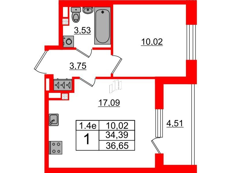 1-комнатная 34 м2 в ЖК Парадный ансамбль корпус null этаж 4