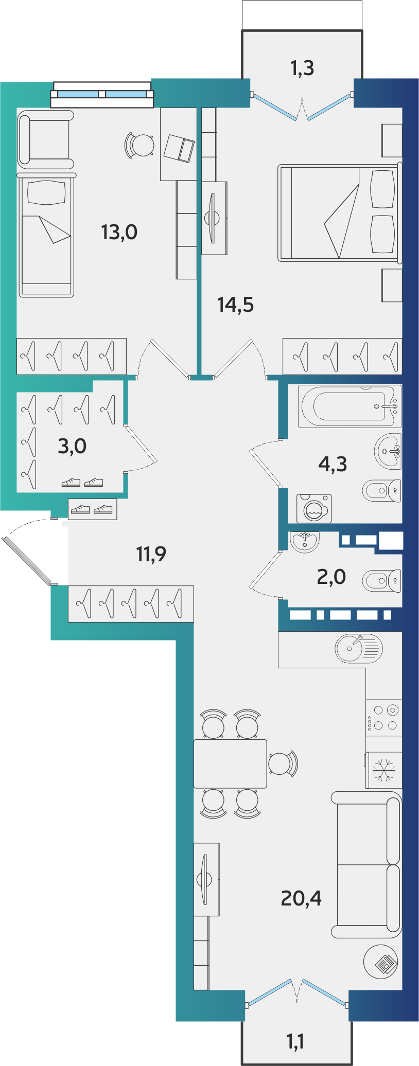 2-комнатная 69 м2 в ЖК Экополис корпус null этаж 7