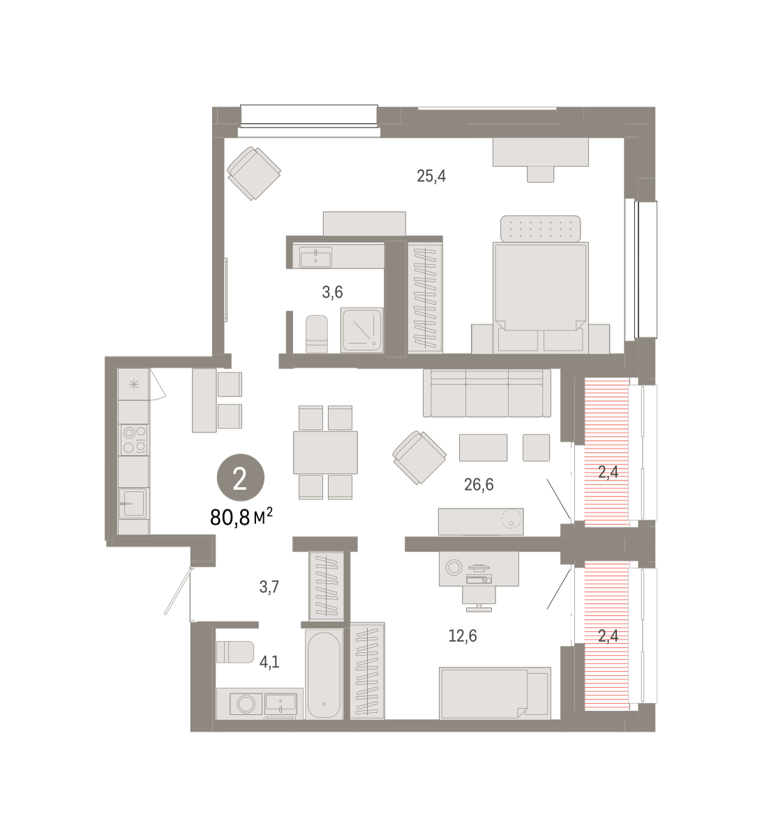 2-комнатная 80 м2 в ЖК Квартал Нефть корпус null этаж 15
