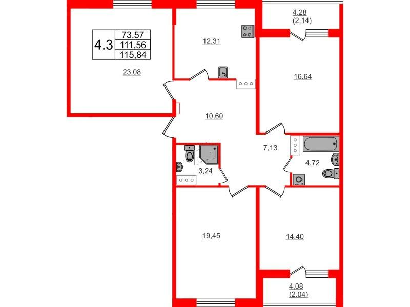 4-комнатная 110 м2 в ЖК Семь столиц корпус null этаж 6
