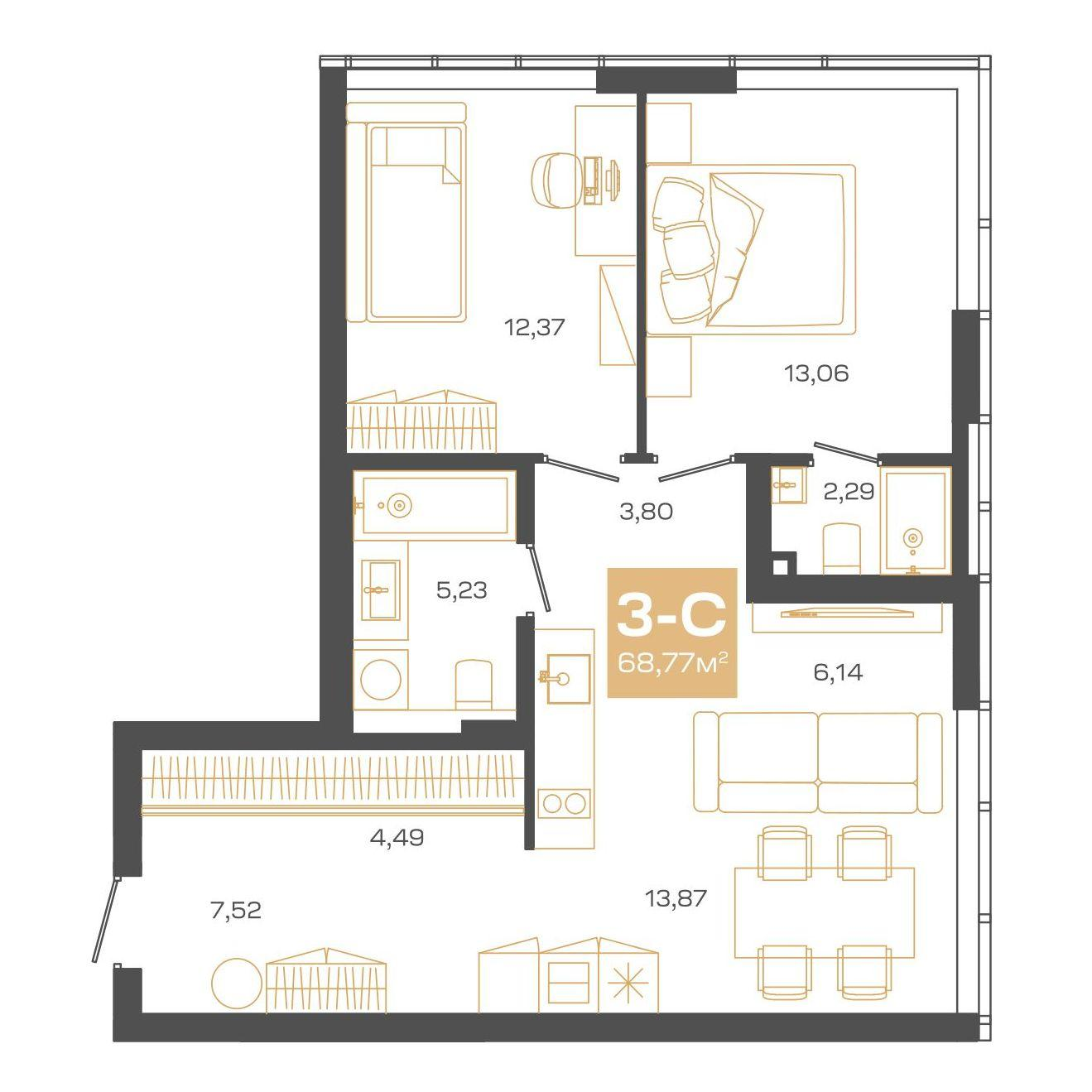 3-комнатная 68 м2 в ЖК Пульсар корпус null этаж 24