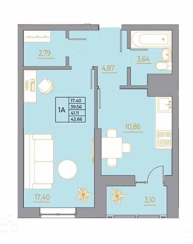 1-комнатная 42 м2 в ЖК Новый Горизонт корпус null этаж 3