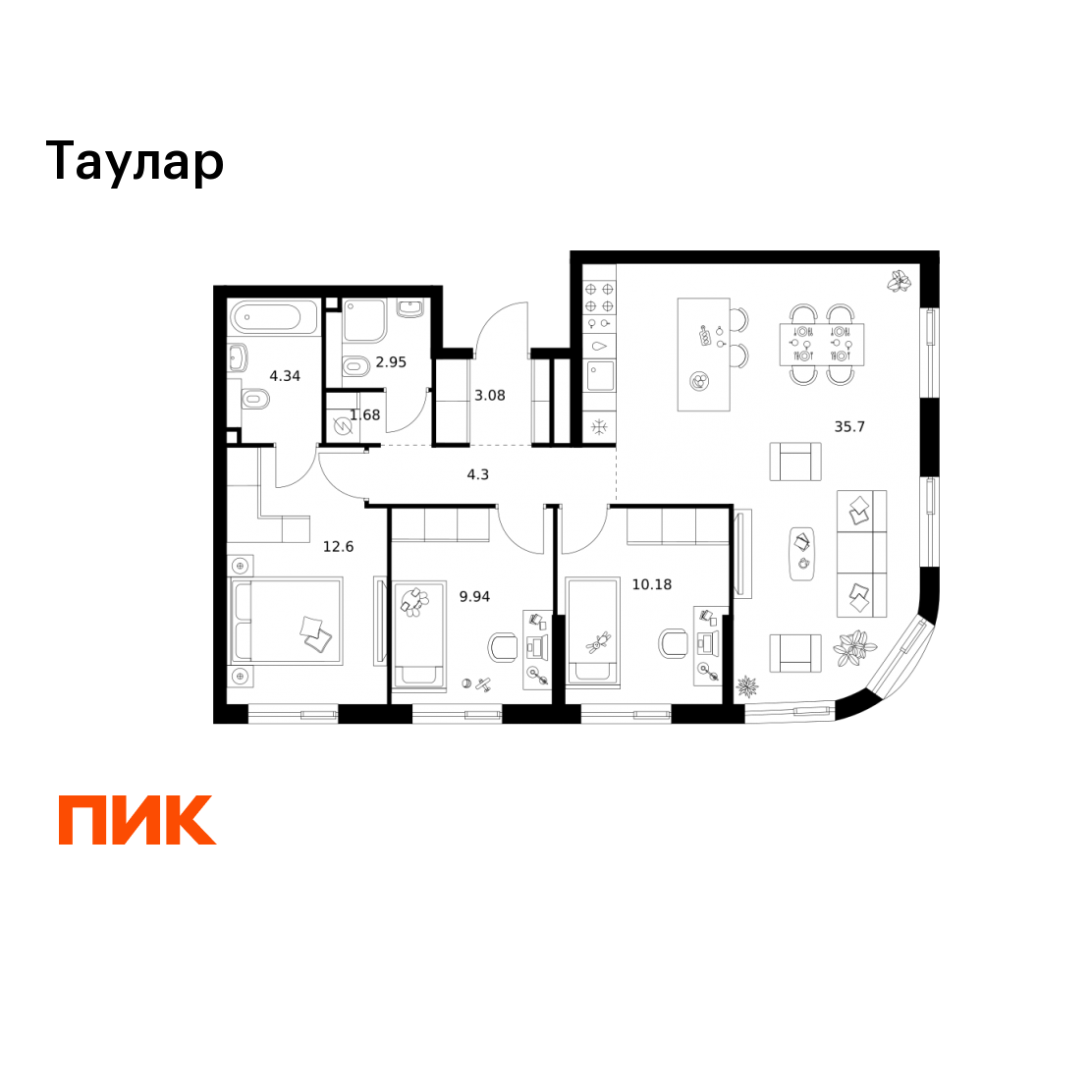 3-комнатная 84 м2 в ЖК Таулар корпус null этаж 17