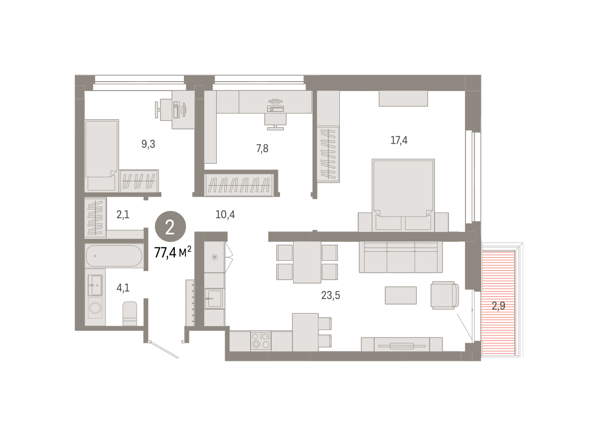 2-комнатная 77 м2 в ЖК Квартал Нефть корпус null этаж 8