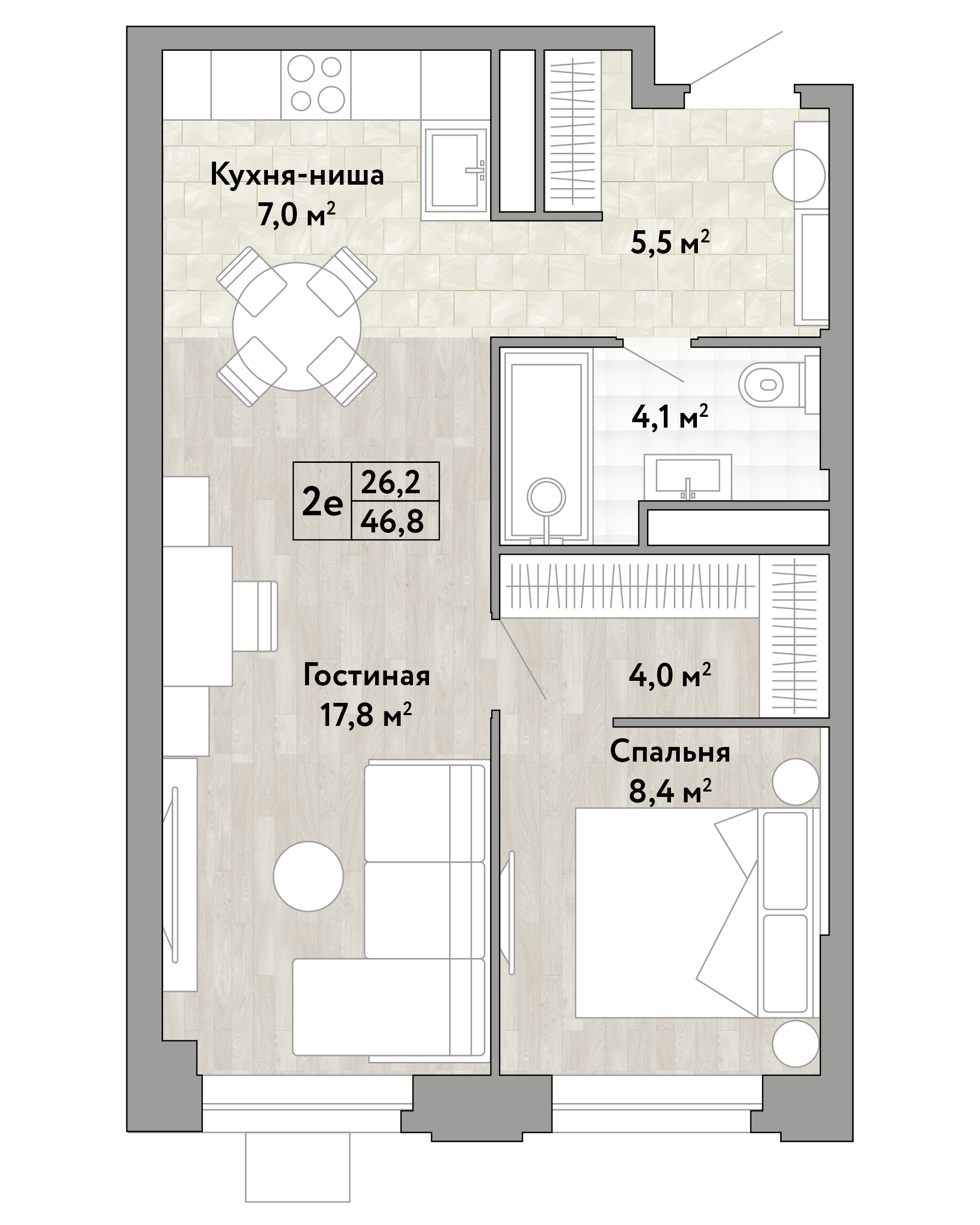 1-комнатная 46 м2 в ЖК Новые Смыслы корпус null этаж 12
