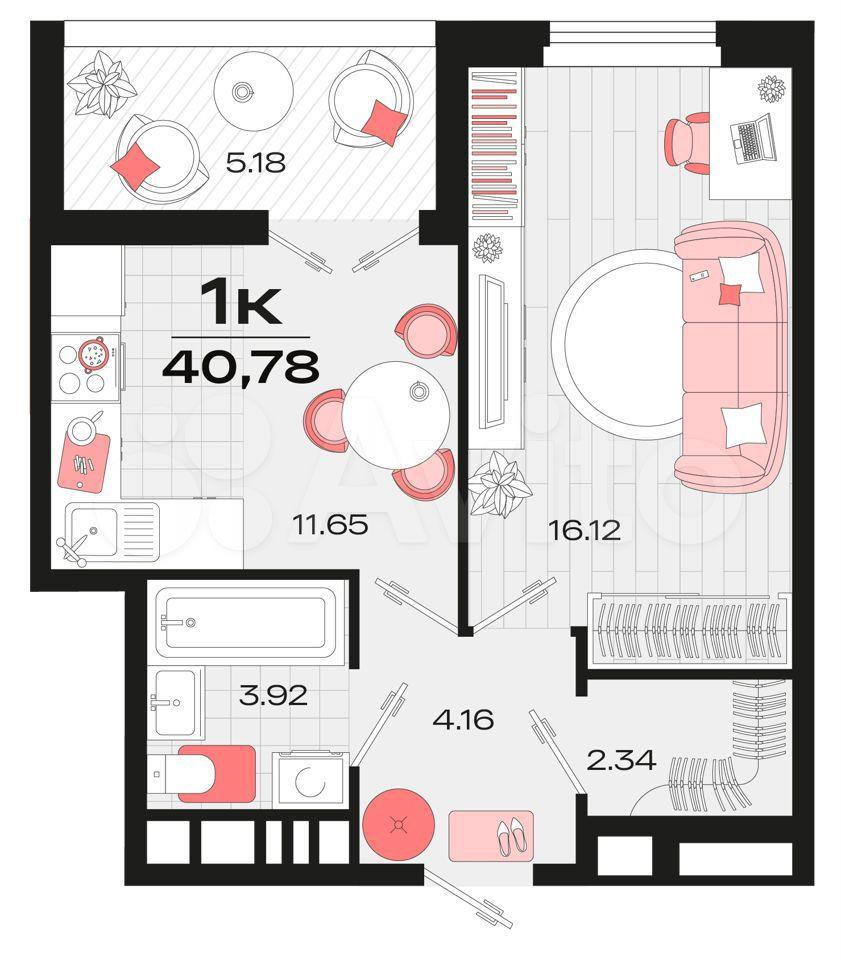 1-комнатная 40.8 м2 в ЖК undefined корпус null этаж 6