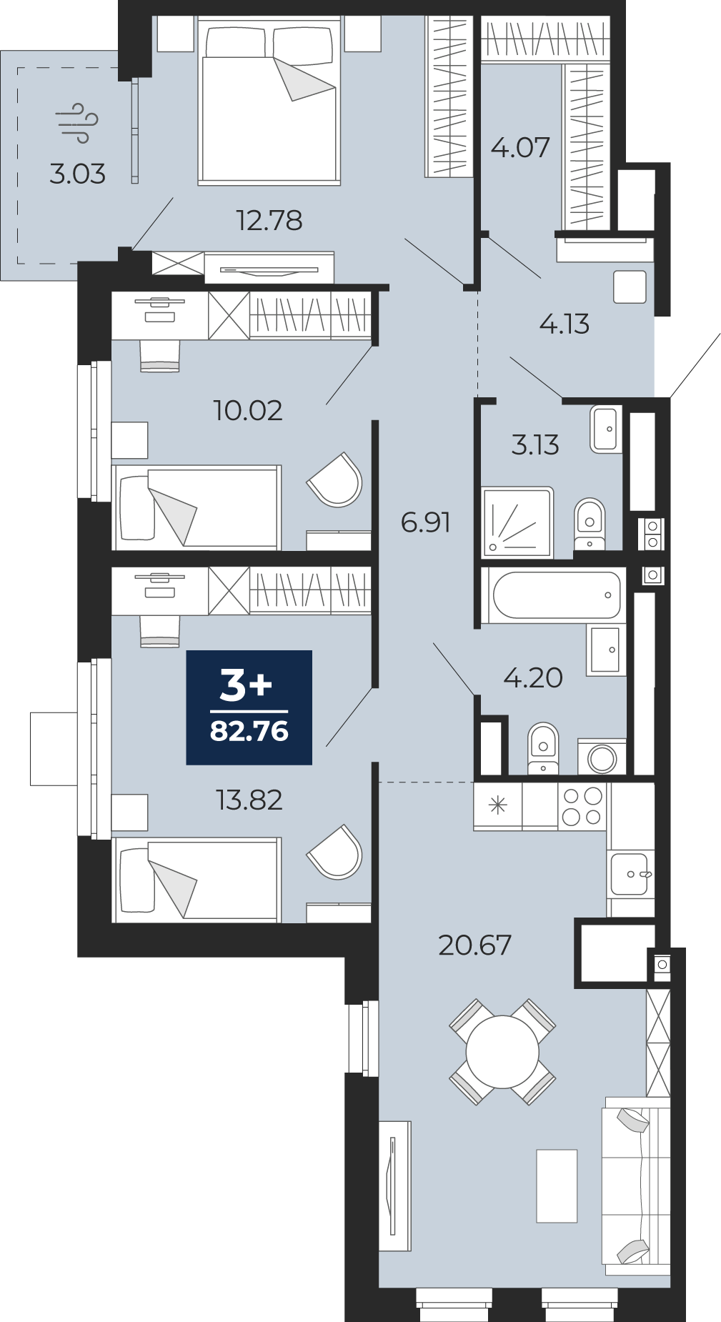 3-комнатная 79 м2 в ЖК Мириады корпус null этаж 15