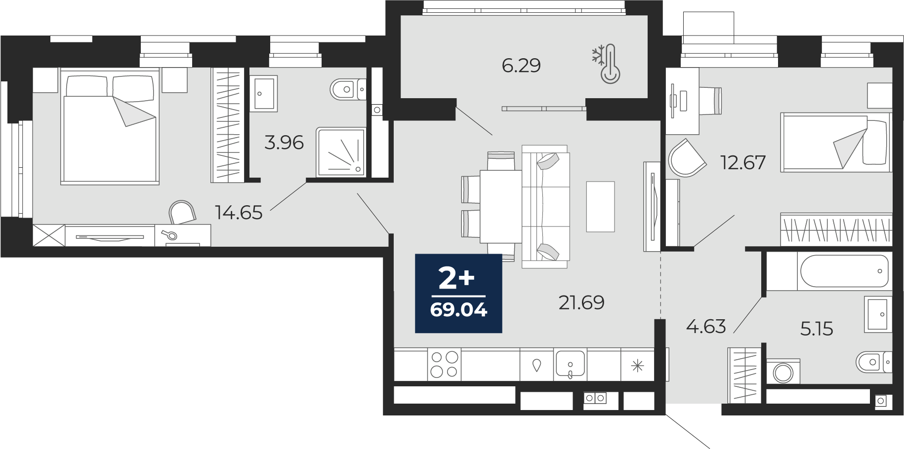 2-комнатная 62 м2 в ЖК Мириады корпус null этаж 8