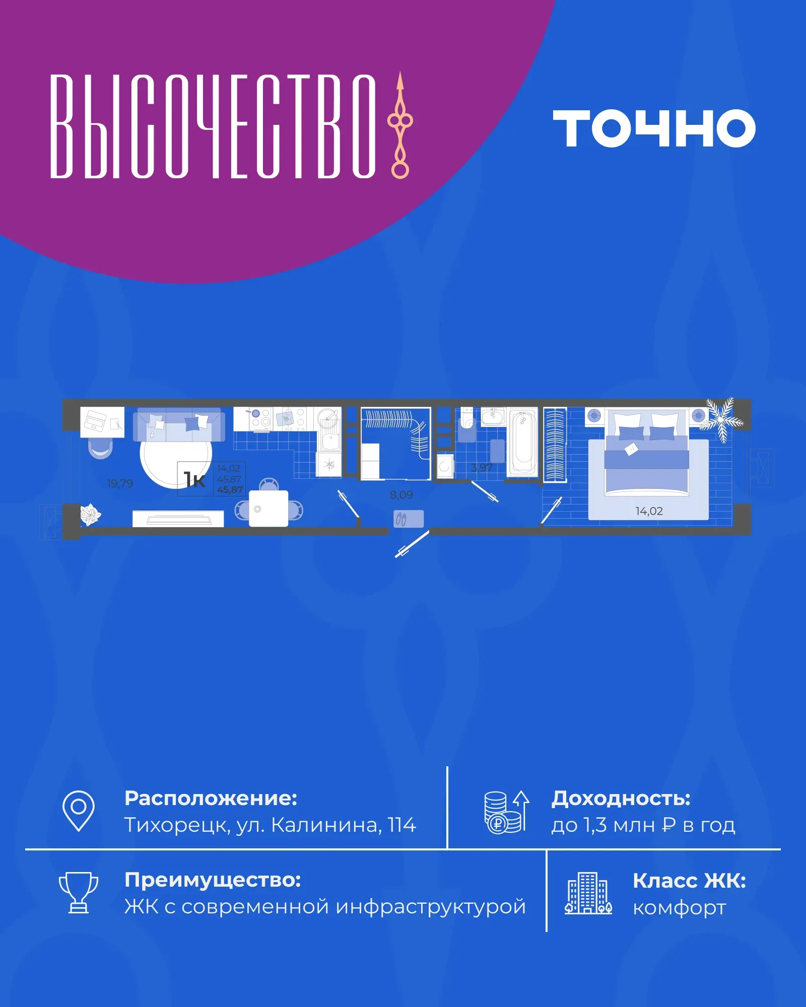 1-комнатная 45 м2 в ЖК Высочество корпус null этаж 12