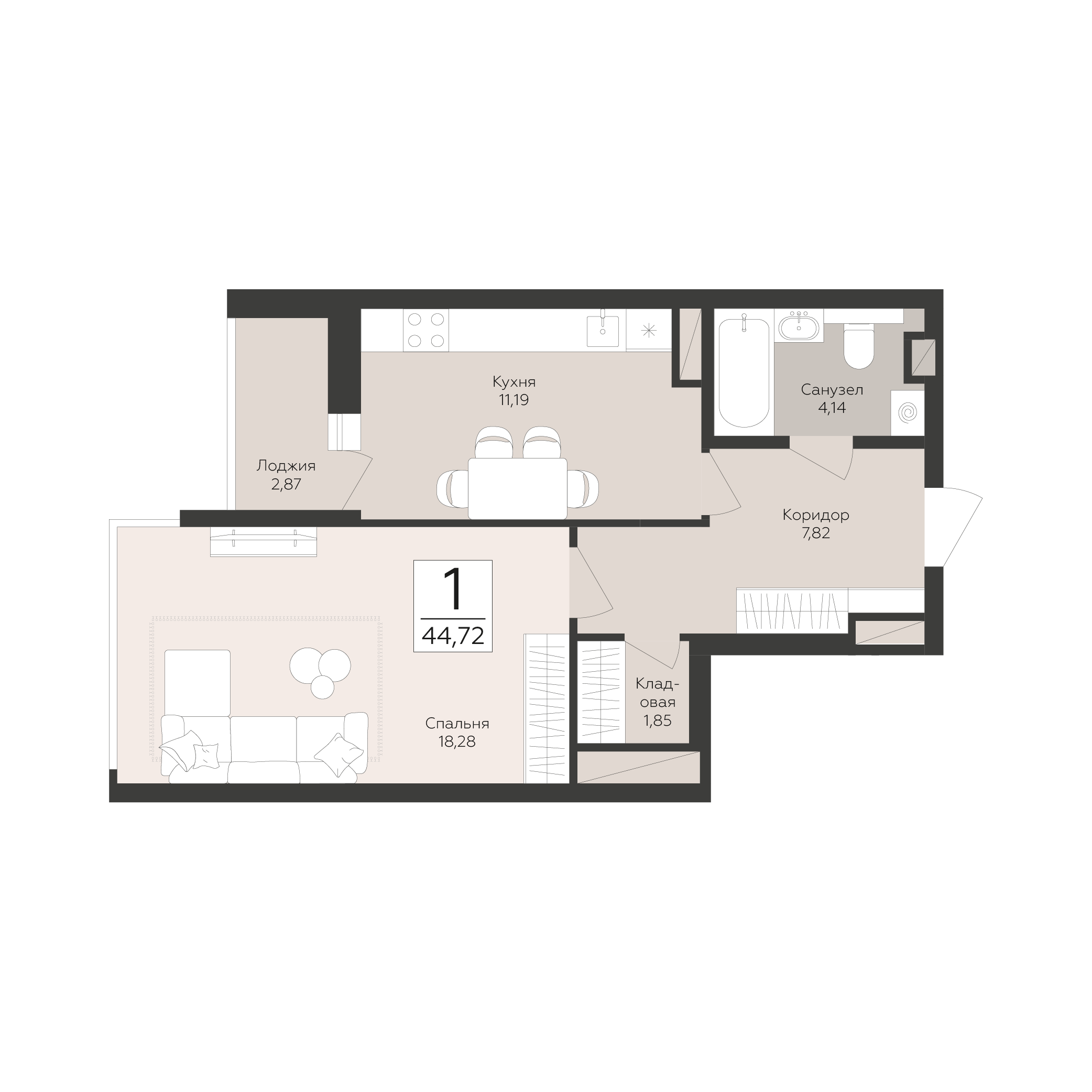 1-комнатная 44 м2 в ЖК Скай корпус null этаж 8