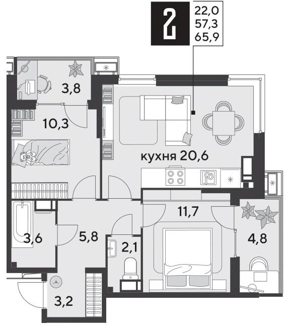 2-комнатная 66 м2 в ЖК Парк Победы 2 корпус null этаж 10