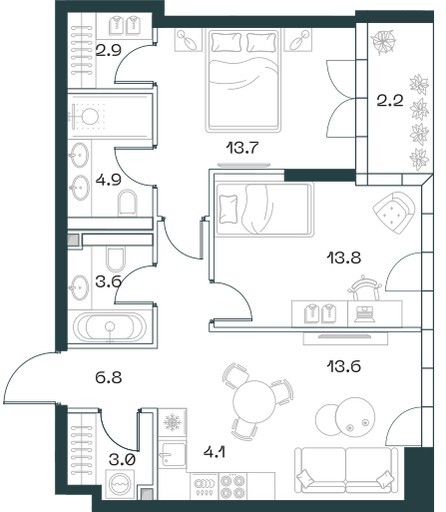 3-комнатная 68 м2 в ЖК Shift корпус null этаж 8