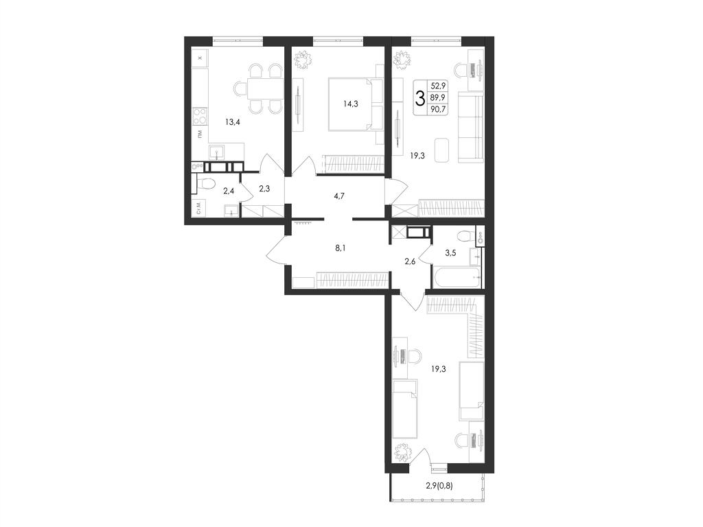 3-комнатная 90 м2 в ЖК Май корпус null этаж 9