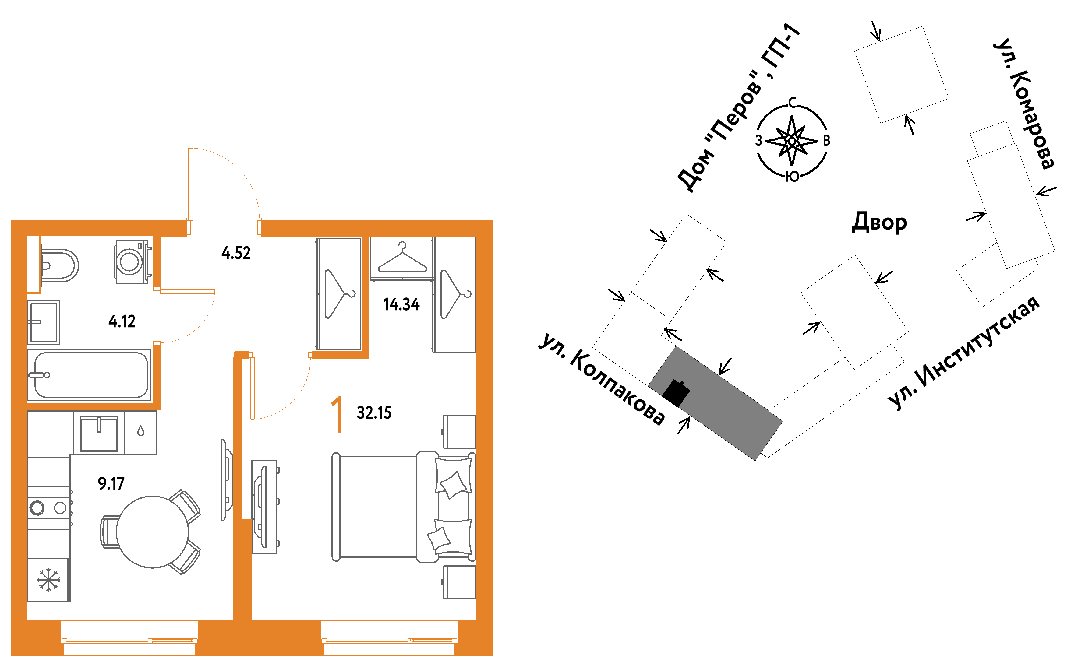 1-комнатная 32 м2 в ЖК Страна.Парковая корпус null этаж 13