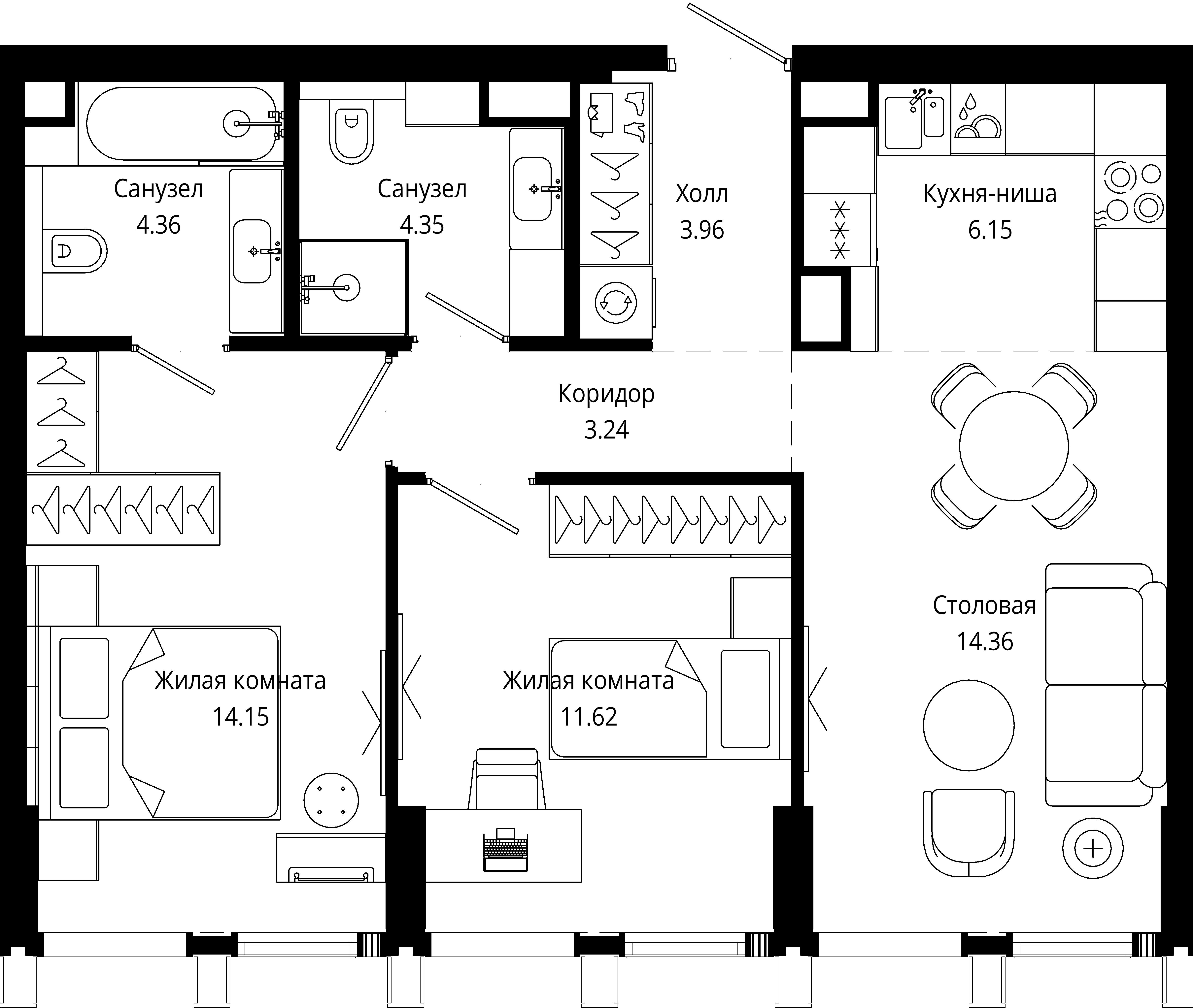 2-комнатная 62 м2 в ЖК MOD корпус null этаж 14