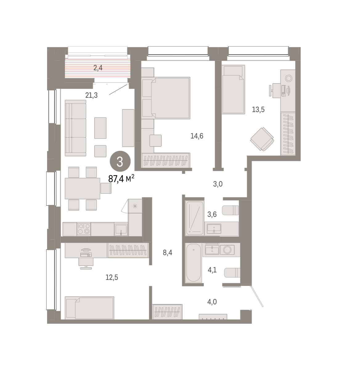 3-комнатная 87 м2 в ЖК Квартал Нефть корпус null этаж 14