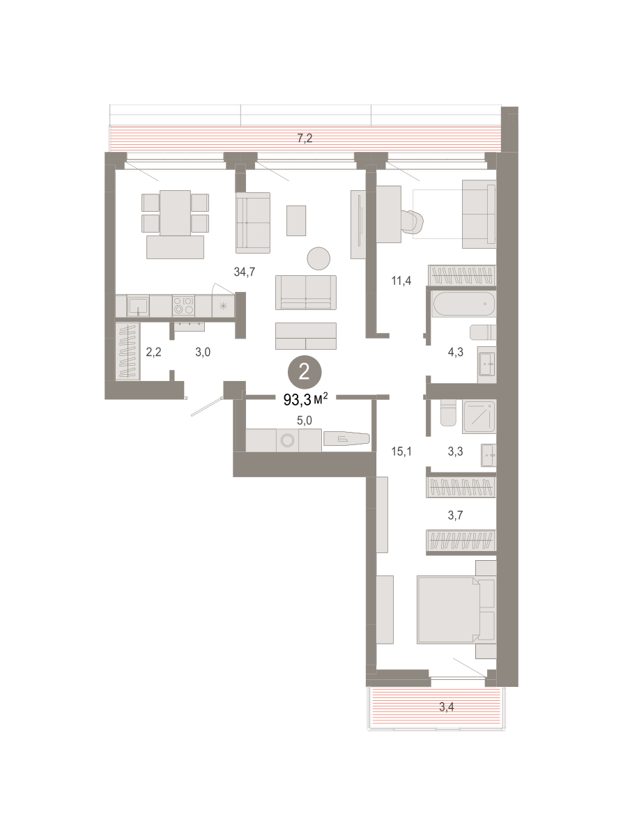 2-комнатная 93 м2 в ЖК Квартал Нефть корпус null этаж 8