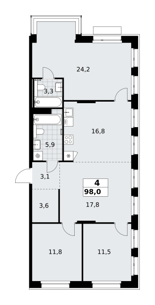 4-комнатная 98 м2 в ЖК Хольм корпус null этаж 6