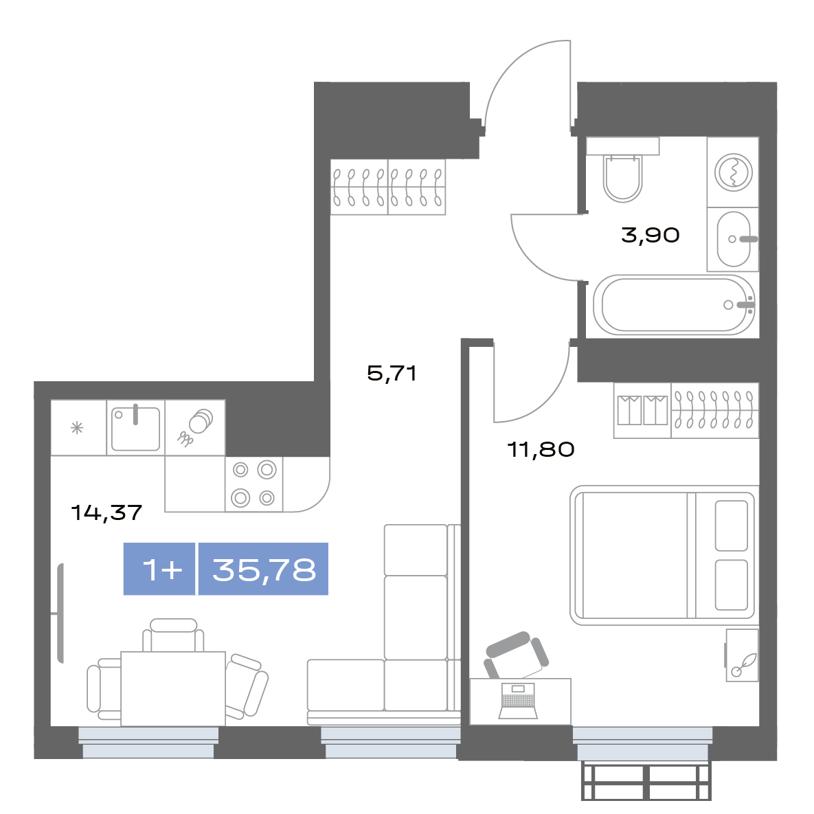 2-комнатная 35 м2 в ЖК Толк Медный корпус null этаж 2