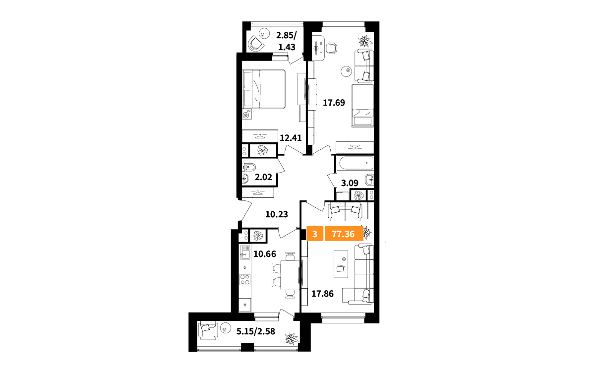 3-комнатная 77 м2 в ЖК Планерный квартал корпус null этаж 13