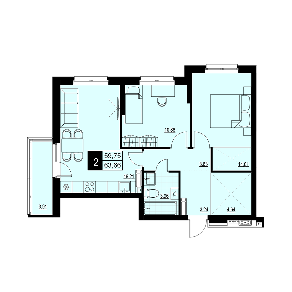 2-комнатная 61 м2 в ЖК Макрорайон Амград корпус null этаж 10