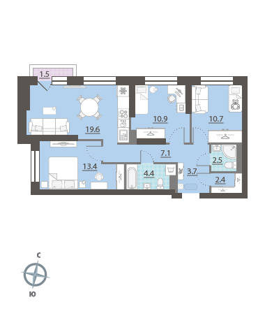 3-комнатная 75 м2 в ЖК Азина 16 корпус null этаж 4