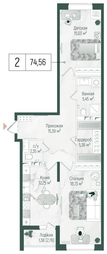 2-комнатная 75 м2 в ЖК Рига Хиллс корпус null этаж 8