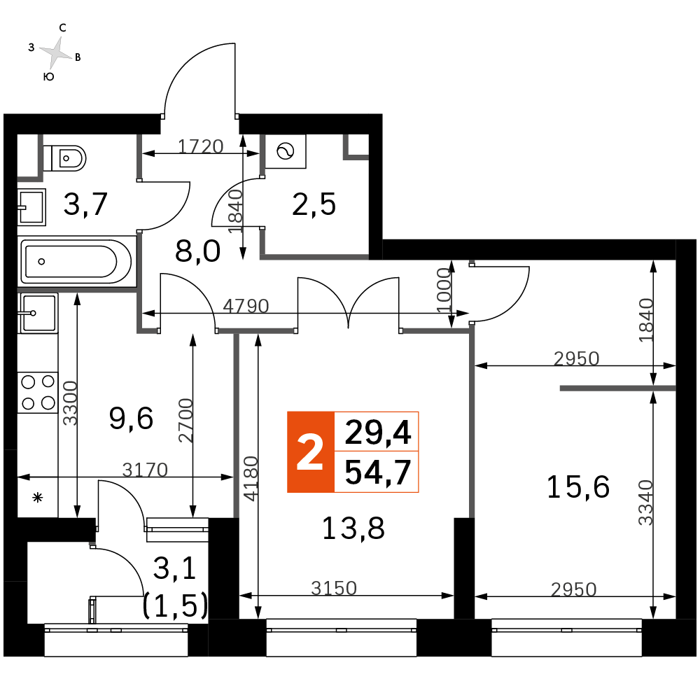 2-комнатная 54 м2 в ЖК Sky Garden корпус null этаж 18