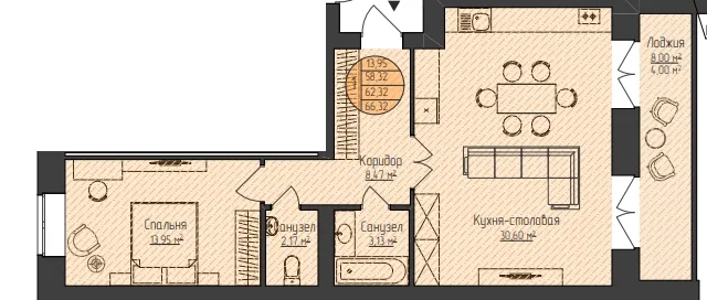 2-комнатная 66 м2 в ЖК Звездный корпус null этаж 8