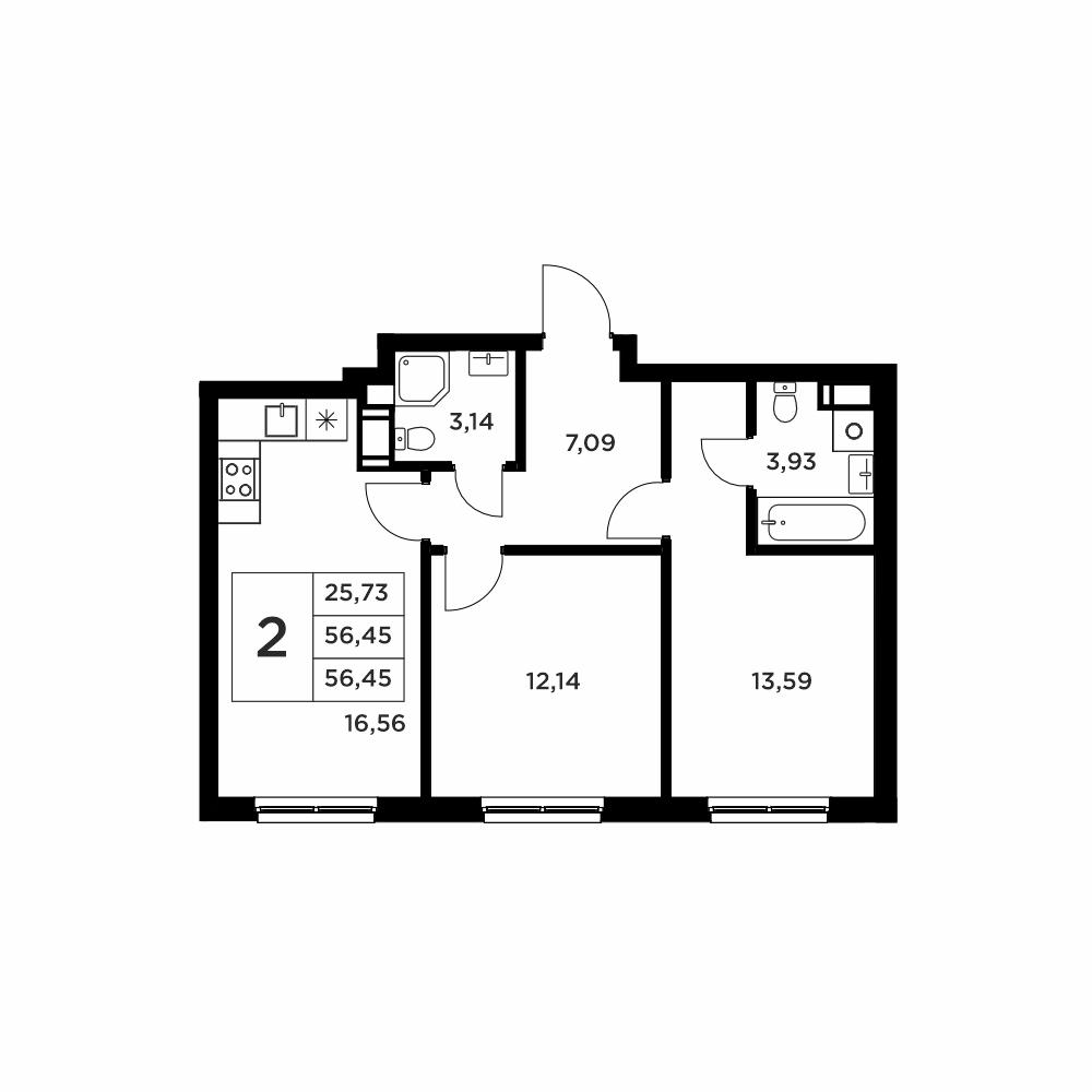 2-комнатная 56 м2 в ЖК Соседи корпус null этаж 1