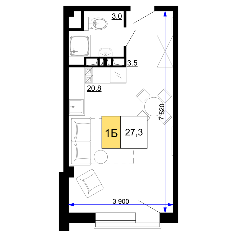 1-комнатная 27 м2 в ЖК Мореград корпус null этаж 8