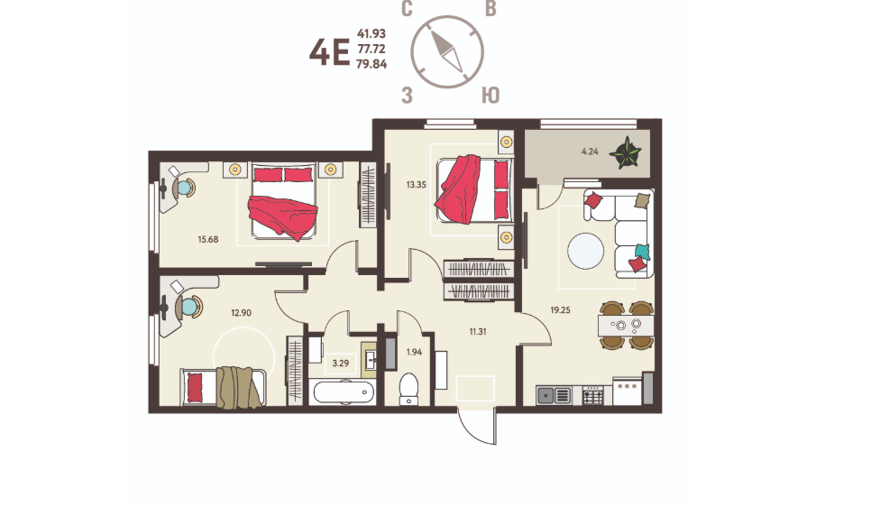 3-комнатная 79.8 м2 в ЖК undefined корпус null этаж 11