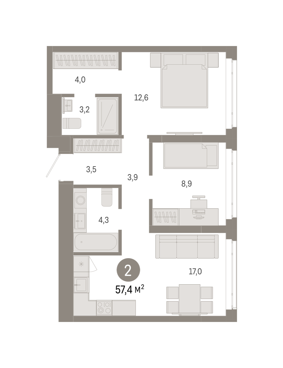 2-комнатная 57 м2 в ЖК Республики 205 корпус null этаж 11