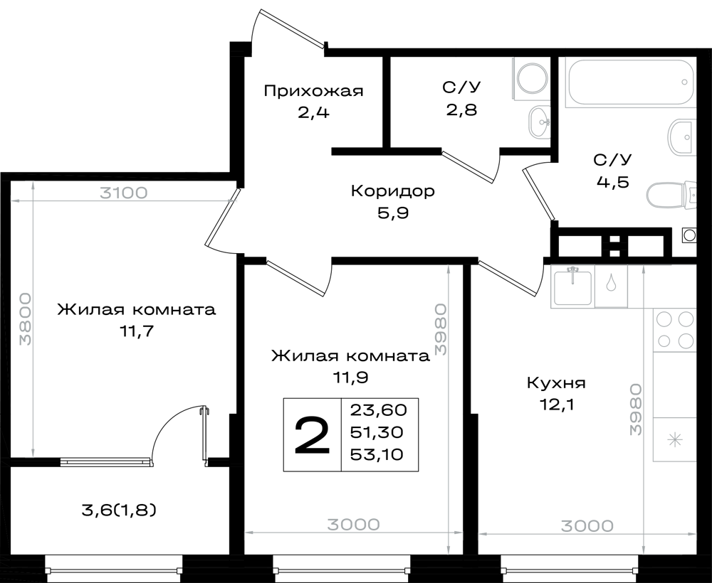 2-комнатная 53 м2 в ЖК Придонье корпус null этаж 6