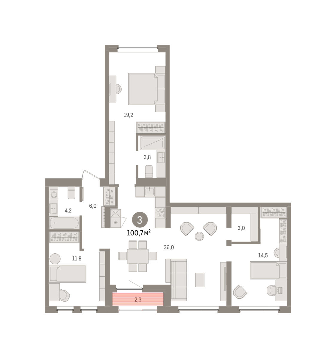 3-комнатная 100 м2 в ЖК Зарека корпус null этаж 3
