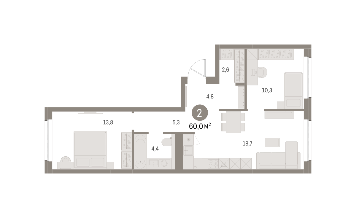 2-комнатная 60 м2 в ЖК Северный ветер корпус null этаж 5