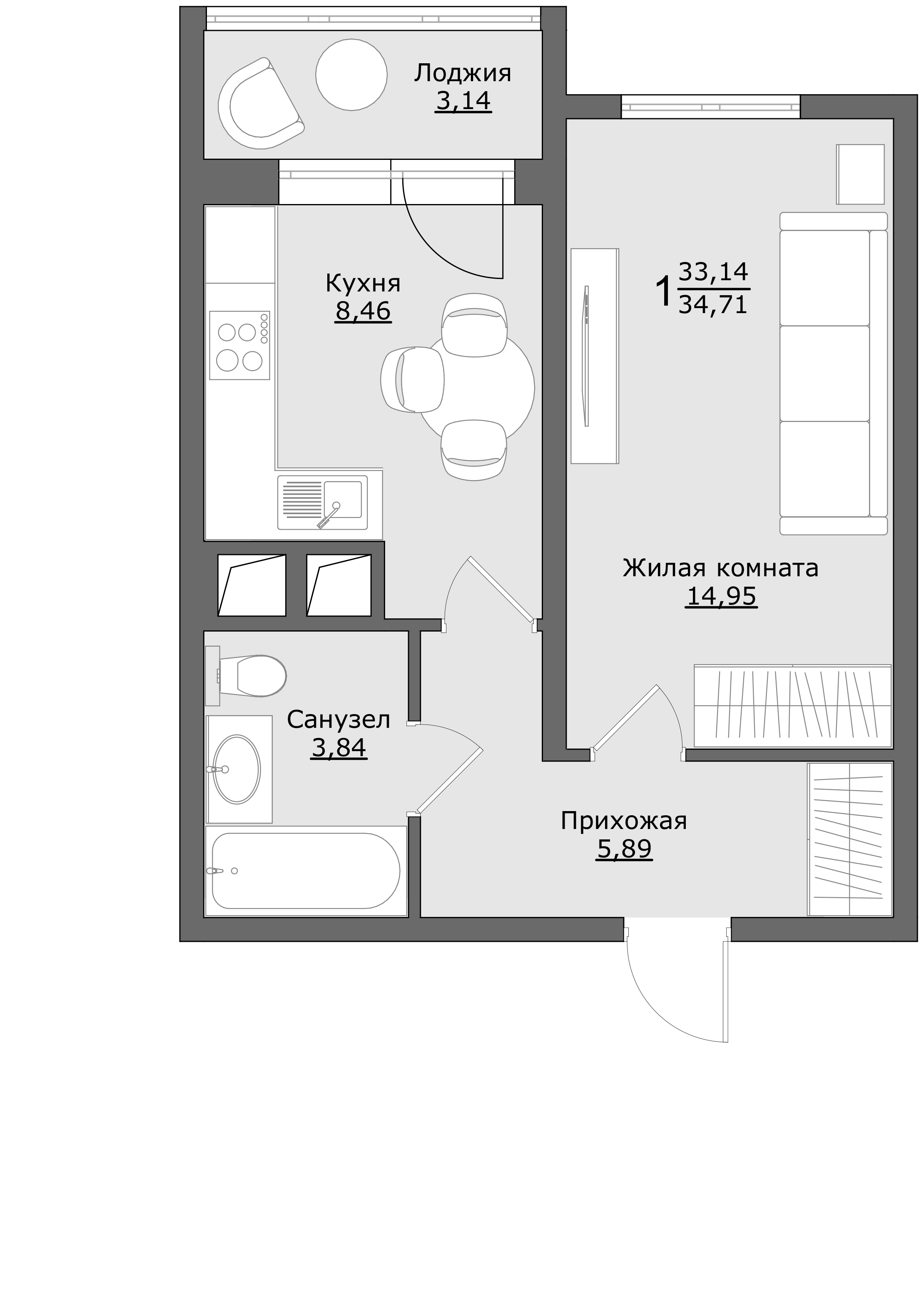 1-комнатная 34 м2 в ЖК Клевер корпус null этаж 9