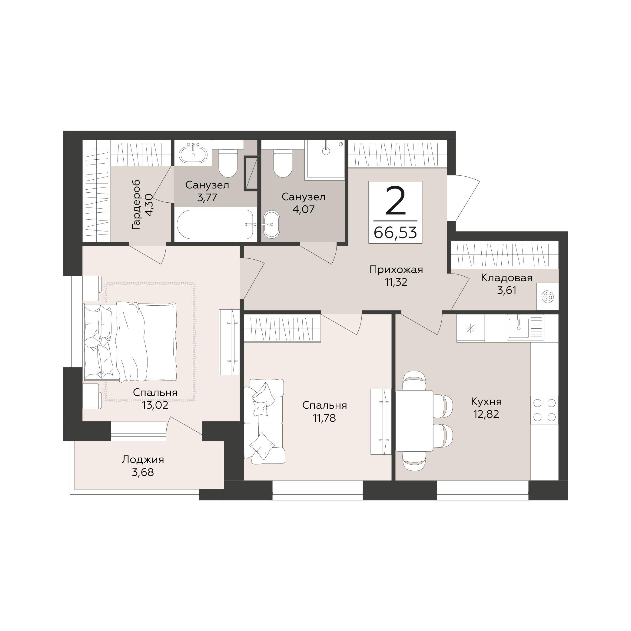 2-комнатная 66 м2 в ЖК Эклипс корпус null этаж 7