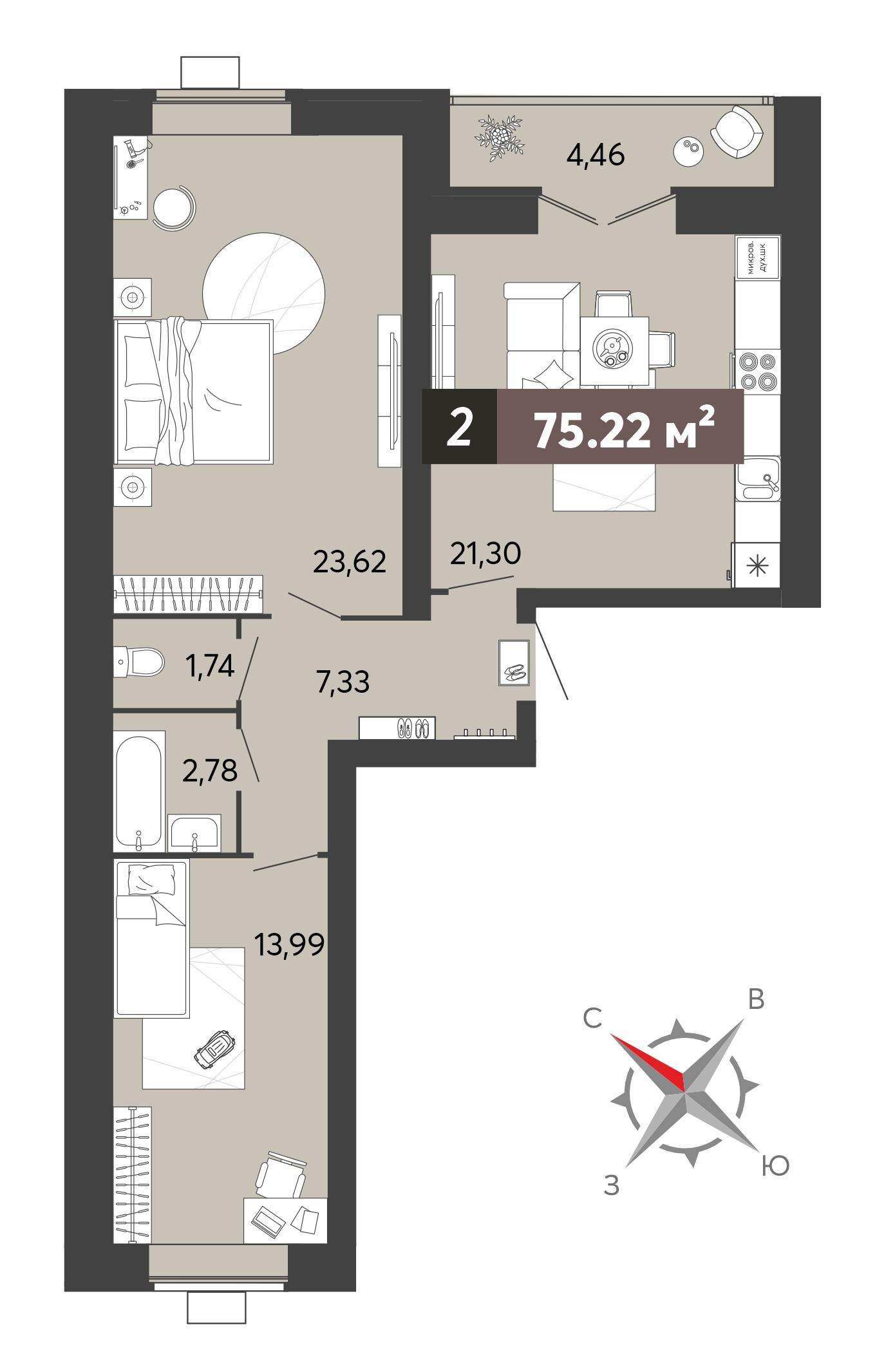 2-комнатная 75 м2 в ЖК 8 марта корпус null этаж 14