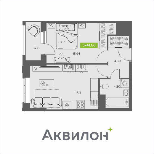 Студия 41 м2 в ЖК Аквилон АКВАРТАЛ корпус null этаж 6